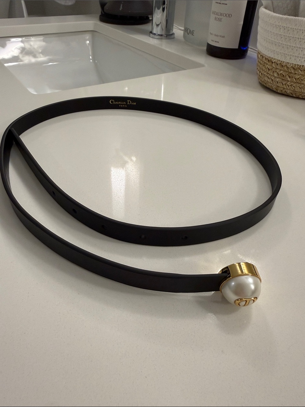 Dior Black Leather Belt with Gold Pearl Buckle